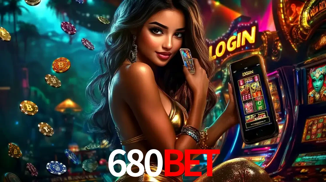 Mulher em um cenário de cassino temático de aventura, mostrando o app de caça-níqueis da 680bet no celular. Fichas de apostas flutuam ao redor.