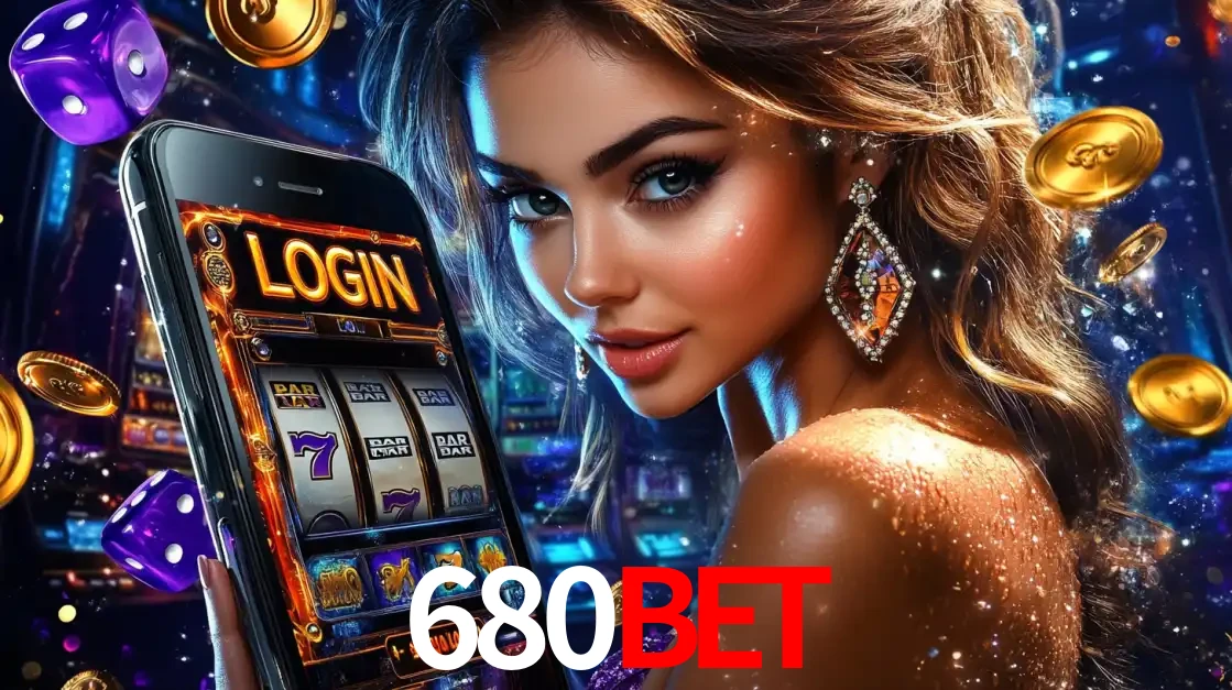 Mulher glamorosa segurando um smartphone com a tela de login para os jogos de caça-níqueis do cassino online 680bet, com moedas de ouro e dados ao redor.