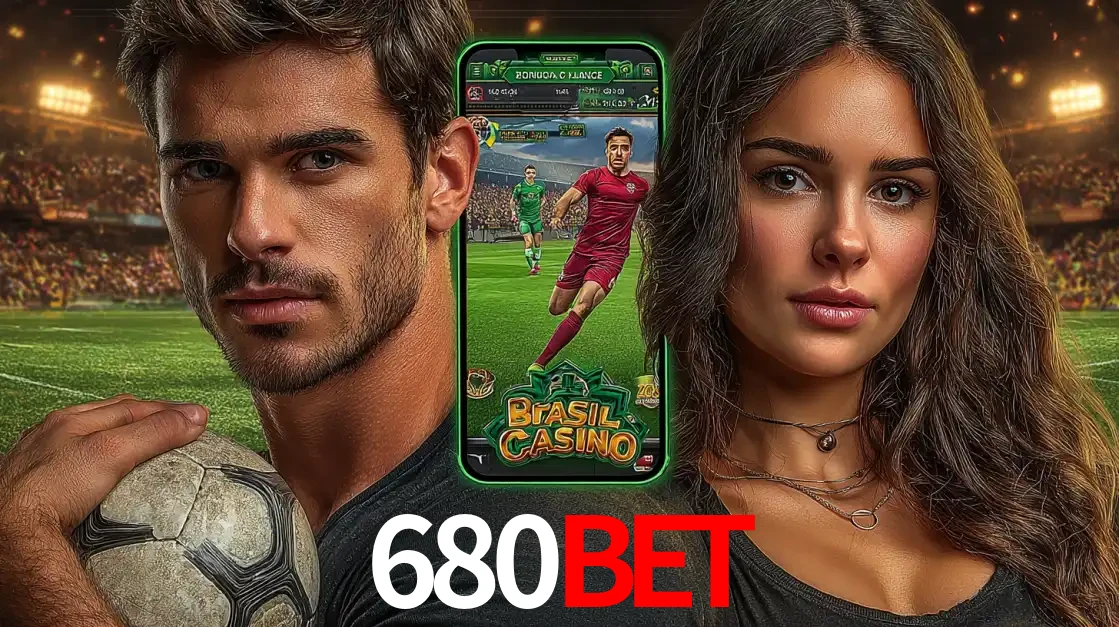 Homem segurando uma bola de futebol e uma mulher ao lado de um smartphone exibindo o jogo de apostas esportivas da 680bet. Faça seu palpite no cassino online.